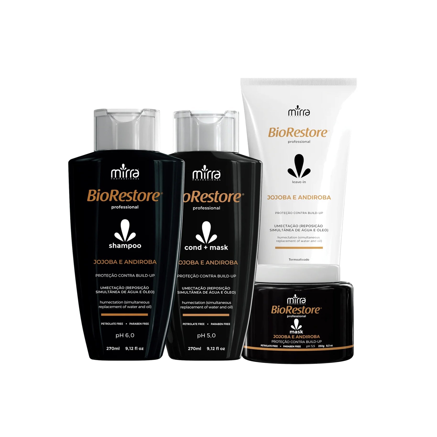 MIRRA KIT JOJOBA E ANDIROBA SHAMPOO 270ML + CONDICIONADOR 270ML + MASCARA 250G + LEAVE-IN 180ML